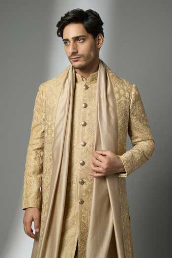 Buy_SALIL BHATIA_Gold Silk, Chanderi Embroidery, Zari Sherwani Set _Online_at_Aza_Fashions