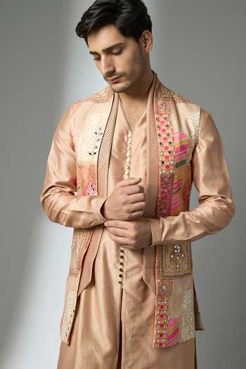 Buy_SALIL BHATIA_Multi Color Chanderi, Chinon, Silk Mirrors Embellished Bundi Kurta Set _Online_at_Aza_Fashions