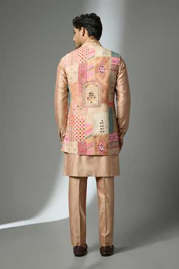 Shop_SALIL BHATIA_Multi Color Chanderi, Chinon, Silk Mirrors Embellished Bundi Kurta Set _at_Aza_Fashions