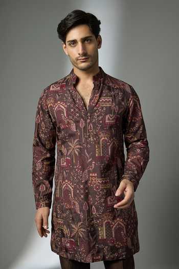 Buy_SALIL BHATIA_Burgundy Silk, Chanderi Embroidery Thread Embellished Kurta Set _Online_at_Aza_Fashions