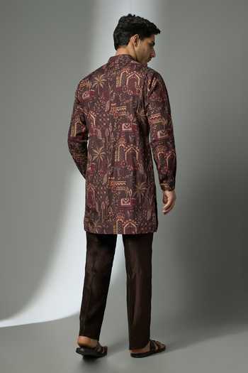 Shop_SALIL BHATIA_Burgundy Silk, Chanderi Embroidery Thread Embellished Kurta Set _at_Aza_Fashions