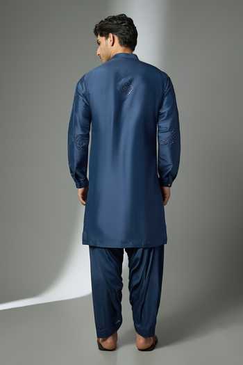 Shop_SALIL BHATIA_Blue Silk, Satin, Modal Mirrors Embroidered Kurta Set _at_Aza_Fashions
