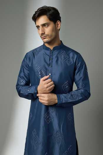 Buy_SALIL BHATIA_Blue Silk, Satin, Modal Mirrors Embroidered Kurta Set _Online_at_Aza_Fashions