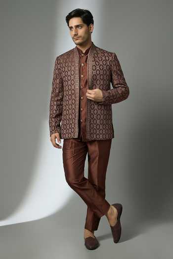 Buy_SALIL BHATIA_Brown Silk, Satin, Modal Embroidery, Zari Embellished Jacket And Kurta Set _at_Aza_Fashions