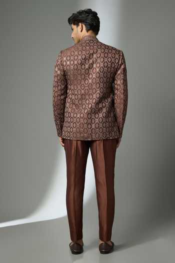 Shop_SALIL BHATIA_Brown Silk, Satin, Modal Embroidery, Zari Embellished Jacket And Kurta Set _at_Aza_Fashions