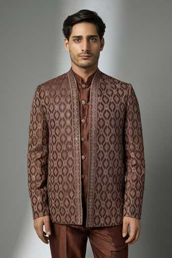 Buy_SALIL BHATIA_Brown Silk, Satin, Modal Embroidery, Zari Embellished Jacket And Kurta Set _Online_at_Aza_Fashions