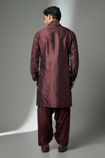 Shop_SALIL BHATIA_Wine Silk, Satin, Modal Mirrors Embroidered Kurta Set _at_Aza_Fashions