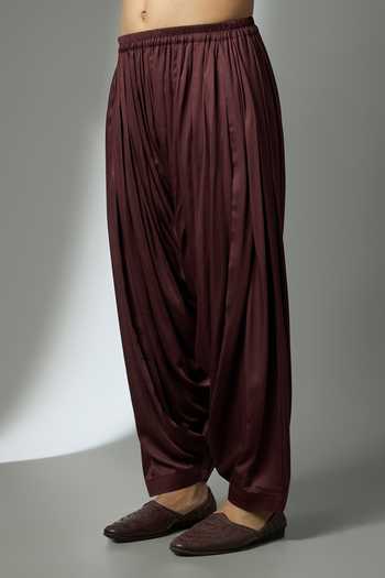 SALIL BHATIA_Wine Silk, Satin, Modal Mirrors Embroidered Kurta Set _Online_at_Aza_Fashions