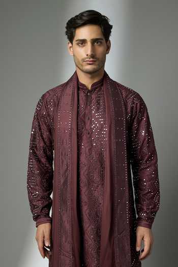 Buy_SALIL BHATIA_Wine Silk, Satin, Modal Mirrors Embroidered Kurta Set _Online_at_Aza_Fashions