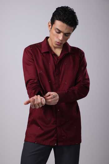 Buy_Label Shristi Chetani_Red Organza Sequins Embellished Full Sleeve Shirt _at_Aza_Fashions