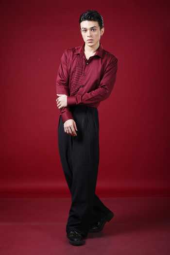 Shop_Label Shristi Chetani_Red Organza Embroidery Embellished Shirt _at_Aza_Fashions