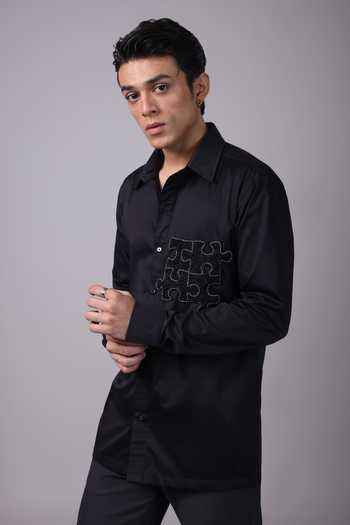 Shop_Label Shristi Chetani_Black Organza Beads Puzzle Embellished Shirt 