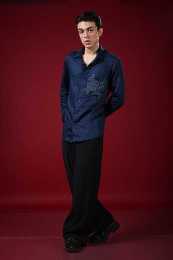 Label Shristi Chetani_Blue Organza Beads Puzzle Embellished Shirt _at_Aza_Fashions