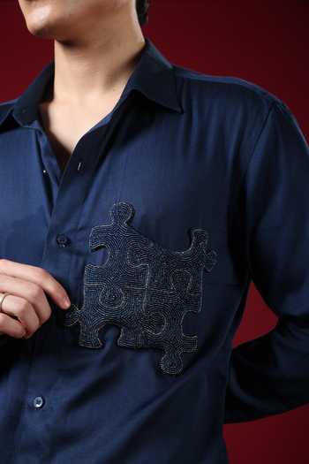 Label Shristi Chetani_Blue Organza Beads Puzzle Embellished Shirt _Online