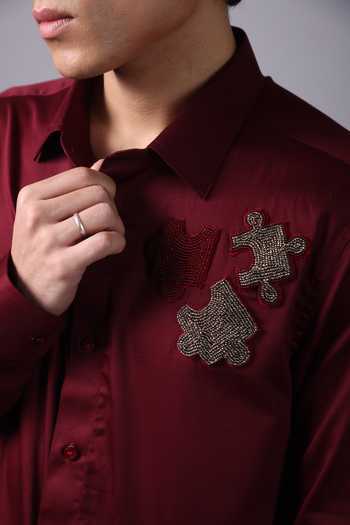 Shop_Label Shristi Chetani_Red Organza Applique Placed Embellished Shirt 