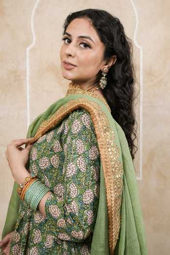 Gulabo Jaipur_Green Cotton, Cambric Gota Patti Scoop Neck Leela Block Print Anarkali Set _Online_at_Aza_Fashions