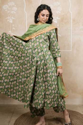 Shop_Gulabo Jaipur_Green Cotton, Cambric Gota Patti Scoop Neck Leela Block Print Anarkali Set _Online_at_Aza_Fashions