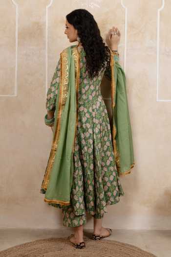 Shop_Gulabo Jaipur_Green Cotton, Cambric Gota Patti Scoop Neck Leela Block Print Anarkali Set _at_Aza_Fashions
