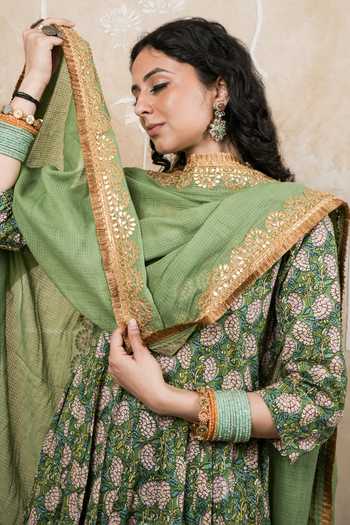 Gulabo Jaipur_Green Cotton, Cambric Gota Patti Scoop Neck Leela Block Print Anarkali Set _at_Aza_Fashions