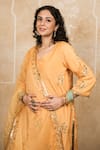 Gulabo Jaipur_Mustard Silk Sequins, Zari V-neck, Yes Shyra Floral Motif Straight Kurta Set _Online_at_Aza_Fashions