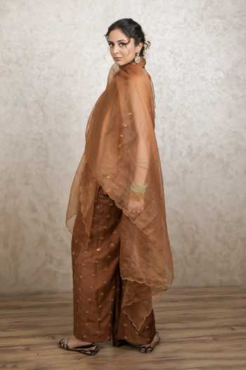 Gulabo Jaipur_Brown Silk Zari V-neck, Yes Noya Handwork Motif Kurta Set _Online_at_Aza_Fashions