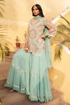 Buy_Sajeda A Lehry_Blue Georgette Mirrors Round Neck, Yes Aqua Hand Embroidered Kurta Sharara Set _at_Aza_Fashions