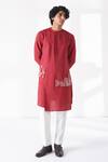 Buy_Dhruv Vaish_Red Silk, Cotton Embroidery Thread Kurta And Pant Set _at_Aza_Fashions