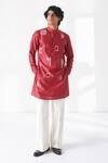 Dhruv Vaish_Red Silk, Cotton, Chanderi Embroidery Motif Placement Short Kurta _Online_at_Aza_Fashions
