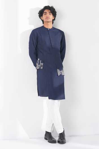 Buy_Dhruv Vaish_Navy Silk, Cotton Embroidery Thread Kurta Set _at_Aza_Fashions