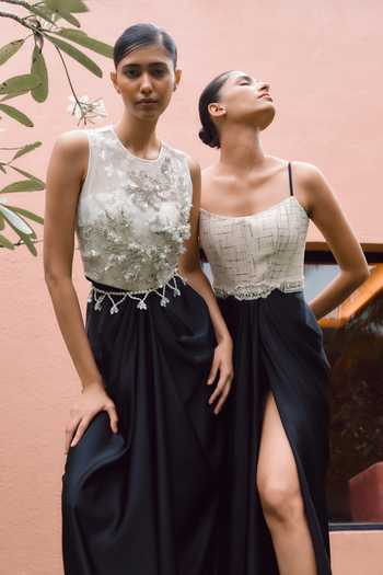 Buy_Dilnaz_Ivory Satin, Lace, Net, Polyester Beads, Stones, Windwept Daalis Draped Gown  _Online_at_Aza_Fashions