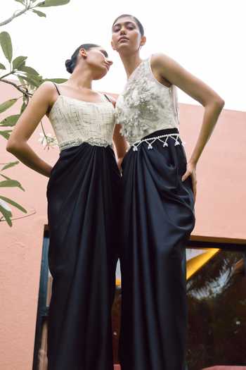 Shop_Dilnaz_Ivory Satin, Lace, Net, Polyester Beads, Stones, Windwept Daalis Draped Gown  _Online_at_Aza_Fashions