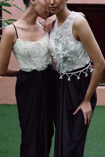 Dilnaz_Ivory Satin, Lace, Net, Polyester Beads, Stones, Windwept Daalis Draped Gown  _at_Aza_Fashions