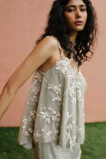 Dilnaz_Gray Net, Polyester, Satin Embroidery, Cut Work, Parsi Gara And Cutwork Strap Top _at_Aza_Fashions