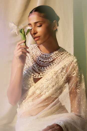 Shop_Dilnaz_Beige Net, Polyester, Satin Pearls, Diamond Grid And Hand Embroidered Blouse _Online_at_Aza_Fashions