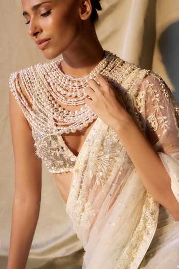 Dilnaz_Beige Net, Polyester, Satin Pearls, Diamond Grid And Hand Embroidered Blouse _at_Aza_Fashions
