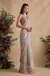 Shop_Kalista_Mint Georgette, Jiveeka Floral Pattern Pre-draped Saree Set _at_Aza_Fashions