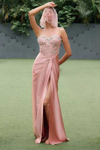 Buy_Dilnaz_Pink Satin, Net, Polyester Beads, Stones Sweetheart Neck Line Embroidered Gown _at_Aza_Fashions