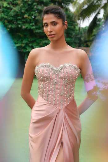 Dilnaz_Pink Satin, Net, Polyester Beads, Stones Sweetheart Neck Line Embroidered Gown _at_Aza_Fashions