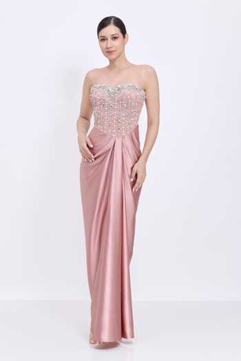 Buy_Dilnaz_Pink Satin, Net, Polyester Beads, Stones Sweetheart Neck Line Embroidered Gown 