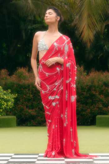 Buy_Dilnaz_Red Georgette, Polyester, Satin Embroidery, Pearls Saree _at_Aza_Fashions