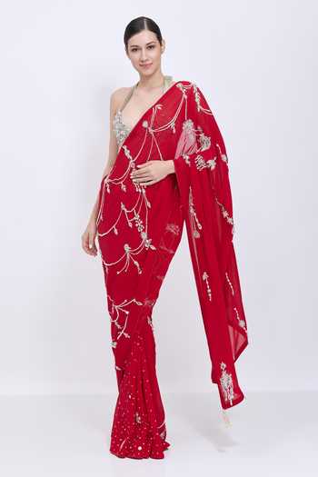 Shop_Dilnaz_Red Georgette, Polyester, Satin Embroidery, Pearls Saree _Online