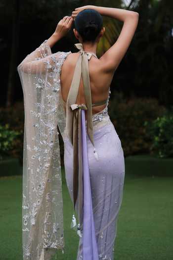 Dilnaz_Purple Net, Satin Sequins, Embroidery, Rhinestones Tendril Shaded Saree _at_Aza_Fashions