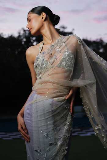 Buy_Dilnaz_Purple Net, Satin Sequins, Embroidery, Rhinestones Tendril Shaded Saree 