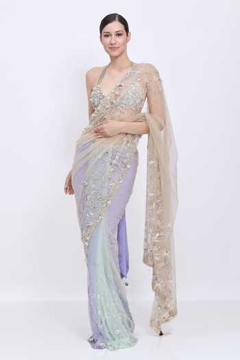 Dilnaz_Purple Net, Satin Sequins, Embroidery, Rhinestones Tendril Shaded Saree _Online