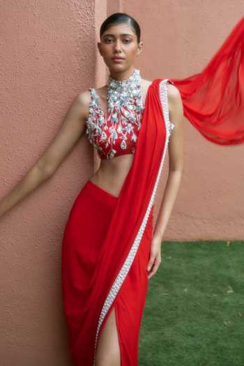 Buy_Dilnaz_Red Georgette, Net, Asymmetric Embroidered Blouse With Pre-draped Saree 