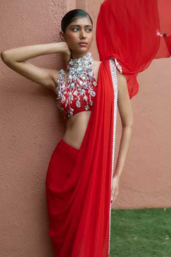 Shop_Dilnaz_Red Georgette, Net, Asymmetric Embroidered Blouse With Pre-draped Saree 