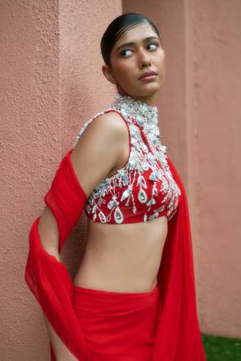 Dilnaz_Red Georgette, Net, Asymmetric Embroidered Blouse With Pre-draped Saree _Online