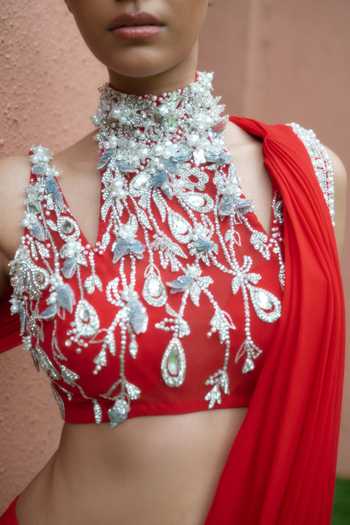 Buy_Dilnaz_Red Georgette, Net, Asymmetric Embroidered Blouse With Pre-draped Saree _Online