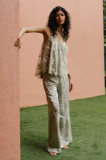 Buy_Dilnaz_Gray Net, Polyester, Satin Embroidery, Cut Work, Parsi Gara And Cutwork Strap Top _at_Aza_Fashions