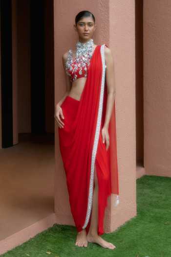 Buy_Dilnaz_Red Georgette, Net, Asymmetric Embroidered Blouse With Pre-draped Saree _at_Aza_Fashions